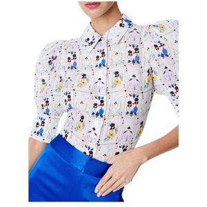 Alice & Olivia Willa Puff-Sleeve Silk Face Print button-down Blouse BNWT